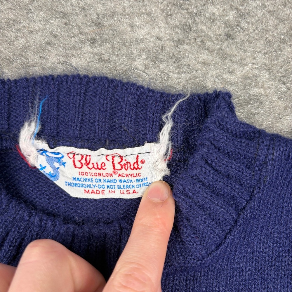 Blue Bird Dinosaur Sweater Kids Navy Blue Vintage 70s 80s Brontosaurus Knit - Picture 6 of 10